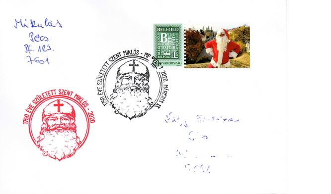 Postai karácsonyi levél a Pécsi Mikulástól Szent Miklós bélyegzővel